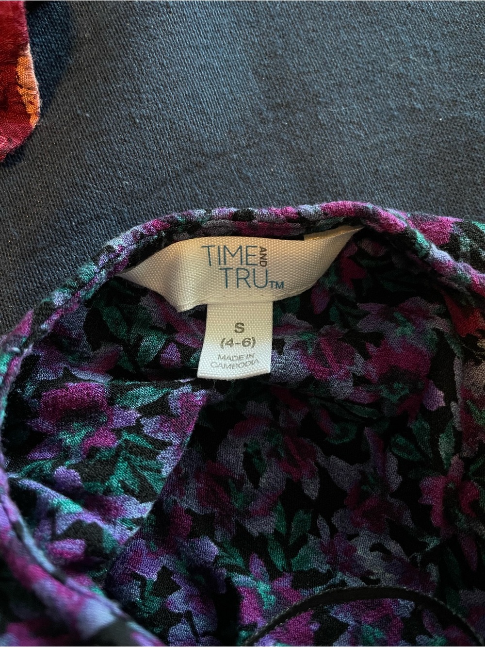 Time and Tru Black Dress with Purple and Teal Floral Print